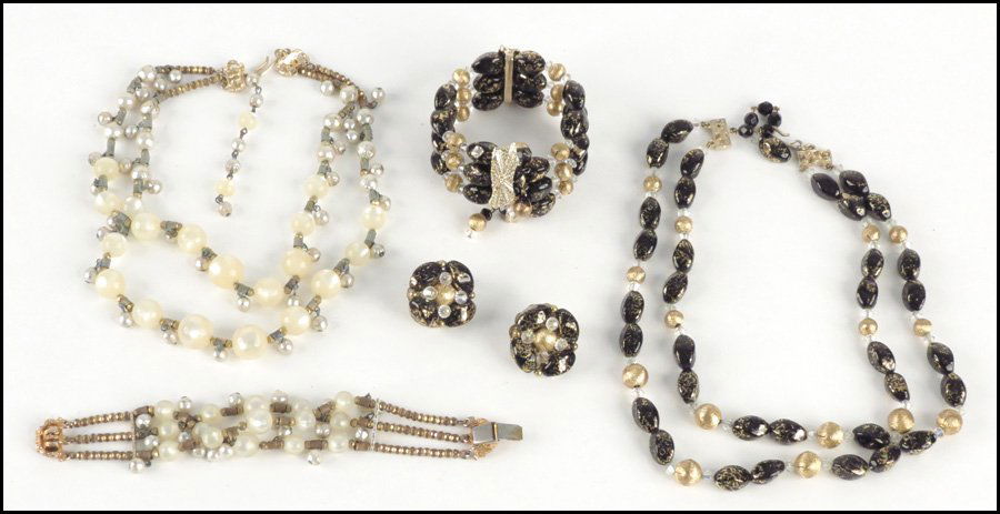 HOBE GLASS AND GOLD TONE BEAD PARURE.: HOBE GLASS AND GOLD TONE BEAD PARURE. Comprised of a two-strand necklace, pair of earclips, and a bracelet. Together with a Hobe faux moonstone and faux pearl two-strand necklace and bracelet