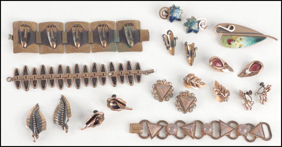 GROUP OF COPPER JEWELRY.: GROUP OF COPPER JEWELRY. Comprising a Rebajes "faces" bracelet with screwback earrings, a Matisse bracelet, a Matisse enamel brooch, a pair of Renoir Matisse red enamel pear shaped earclips, an unsign