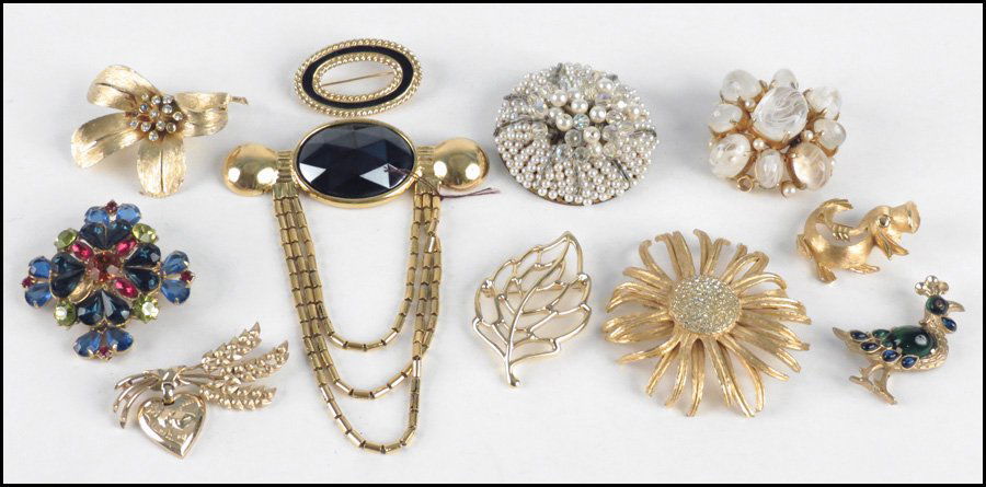 HOBE FAUX PEARL AND AURORA BOREALIS BEAD CLIP.: HOBE FAUX PEARL AND AURORA BOREALIS BEAD CLIP. Together with brooches by Trifari, Monet, BSK, Cadoro, DeNicola, and Ben Amin