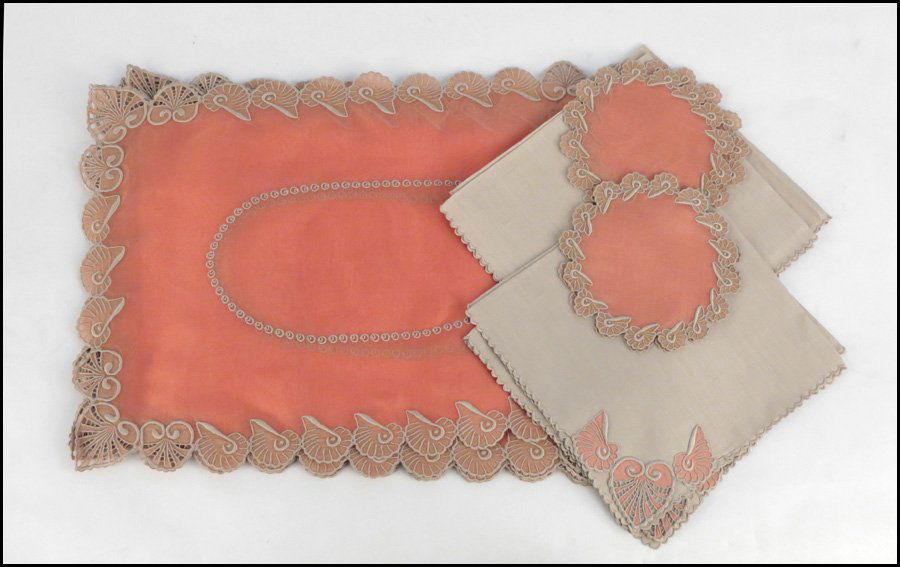SIX MARGHAB PLACEMATS, FOUR MARGHAB NAPKINS, FO: SIX MARGHAB PLACEMATS, FOUR MARGHAB NAPKINS, FOUR MARGHAB GOBLET ROUNDS. Shell, watermelon and taupe Margandie, and cambic