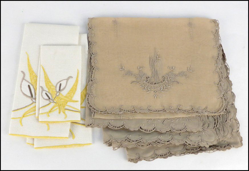 MARGHAB TABLE RUNNER, EIGHT MARGHAB DINNER NAPK: MARGHAB TABLE RUNNER, EIGHT MARGHAB DINNER NAPKINS, AND THREE MARGHAB GUEST HAND TOWELS. Calla Lily white and yellow hand towel s, Taupe Margandie table linens