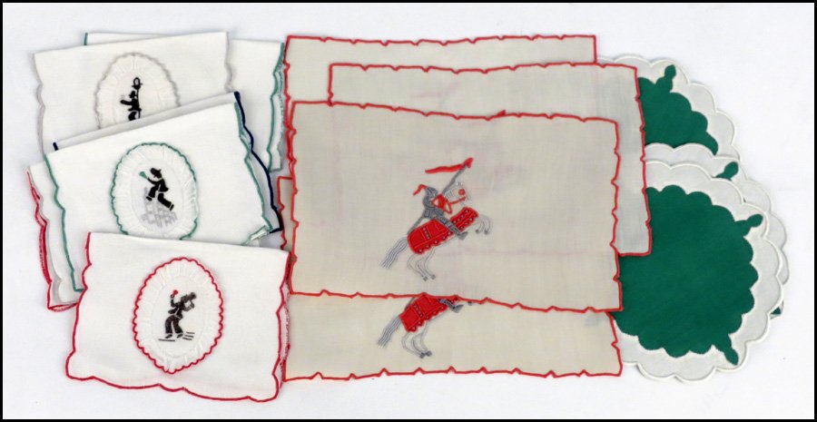 FOUR MARGHAB COCKTAIL NAPKINS.: FOUR MARGHAB COCKTAIL NAPKINS. knight, red on oyster linen. Together with seven Marghab cocktail napkins and four Marghab goblet rounds in arcadia, white on green linen