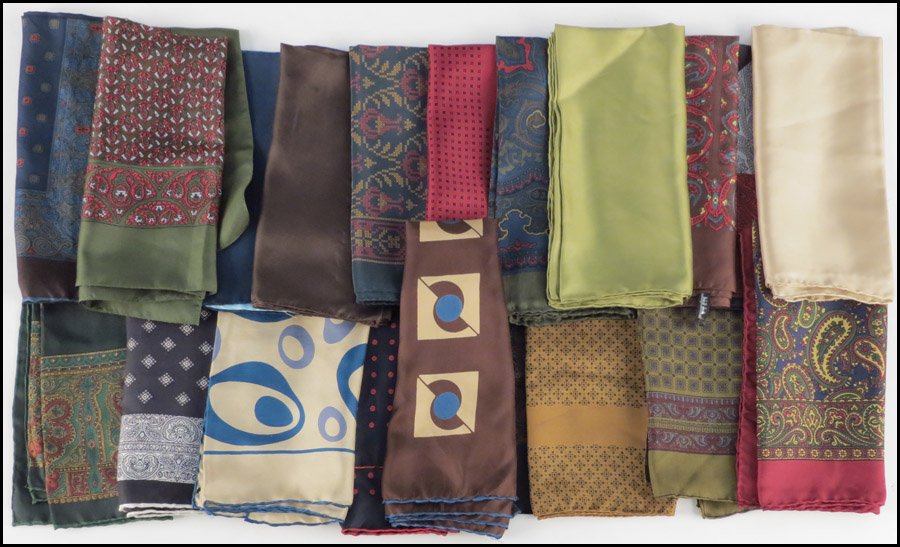 COLLECTION OF MEN'S SILK POCKET SQUARES AND SCA: COLLECTION OF MEN'S SILK POCKET SQUARES AND SCARVES.
