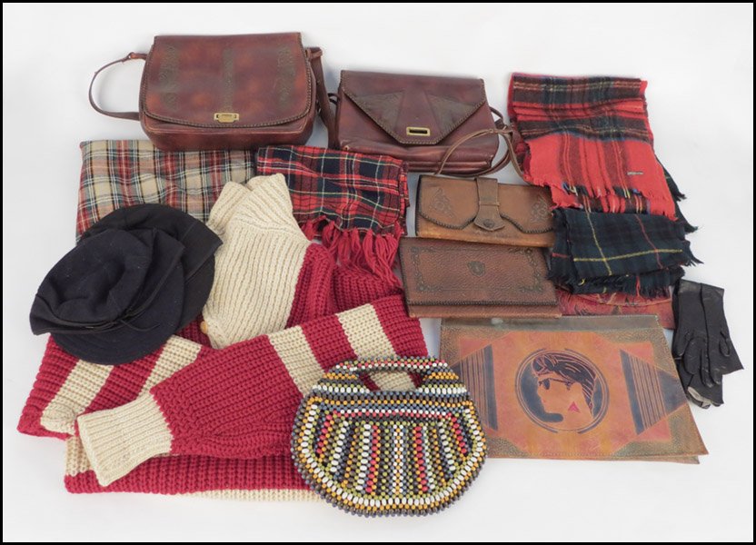 COLLECTION OF HAND TOOLED AND PAINTED LEATHER P: COLLECTION OF HAND TOOLED AND PAINTED LEATHER PURSES. Together with a Patrick Duluth wool sweater and collection of plaid wool scarves