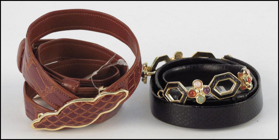 TWO JUDITH LEIBER BELTS.: TWO JUDITH LEIBER BELTS. Includes a lizard skin belt and a embossed leather belt