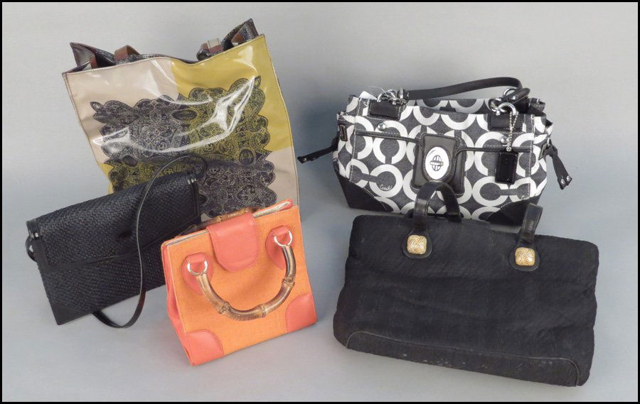 COACH LEATHER AND CANVAS HANDBAG.: COACH LEATHER AND CANVAS HANDBAG. Together with an Etro, two Kleinberg Sherrill, and a Valentino Garavani handbags Largest H: 9" W: 12.5" D: 5"