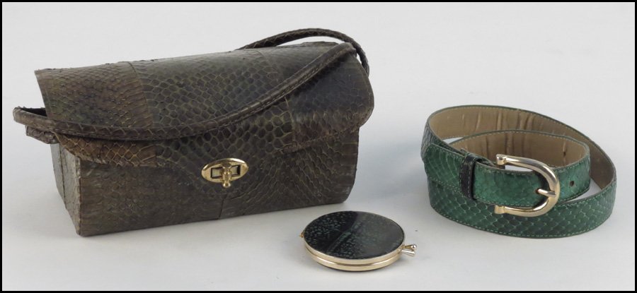 GREEN SNAKESKIN HANDBAG.: GREEN SNAKESKIN HANDBAG. Together with a green snakeskin belt, and an Argentinian alligator compact Handbag: 4" x 8" x 5"