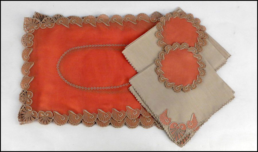 SIX MARGHAB PLACEMATS, SIX MARGHAB NAPKINS, SIX: SIX MARGHAB PLACEMATS, SIX MARGHAB NAPKINS, SIX MARGHAB GOBLET ROUNDS. Shell pattern embroidery, watermelon margandie placemats and rounds, and cream linen napkins