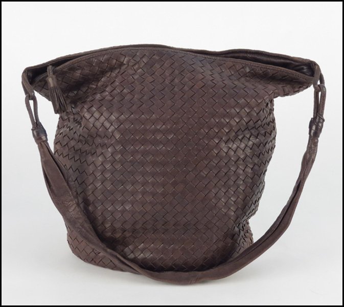 BOTTEGA VENETA BROWN WOVEN LEATHER SHOULDER BAG: BOTTEGA VENETA BROWN WOVEN LEATHER SHOULDER BAG. H: 14" W: 16" D: 5"