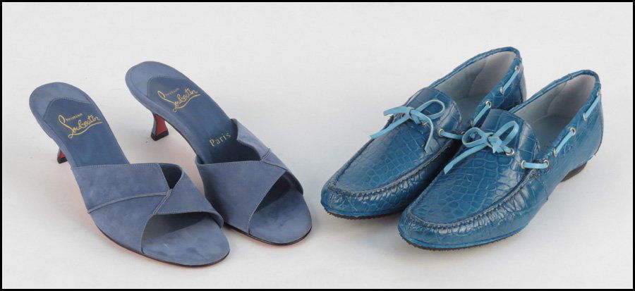PAIR OF CHRISTIAN LOUBOUTIN LILAC SUEDE HEELS.: PAIR OF CHRISTIAN LOUBOUTIN LILAC SUEDE HEELS. Together with a pair of Lambertson Treux blue embossed leather driving loafers (size 6.5) Louboutin: Size 7