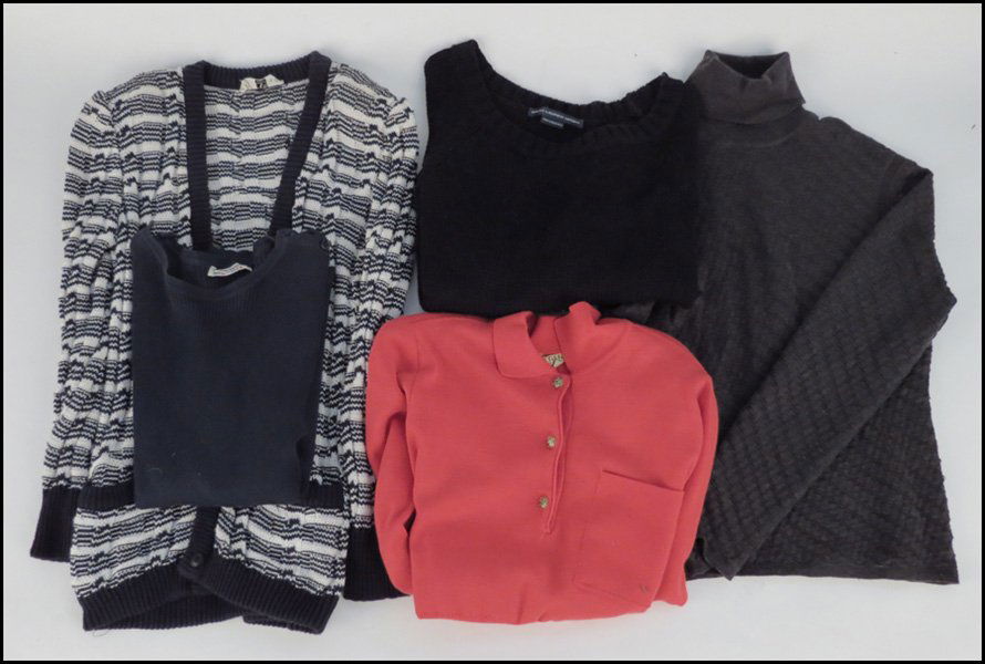 GROUP OF KNIT TOPS.: GROUP OF KNIT TOPS. Comprised of one Yves Saint Laurent navy blue ribbed top, one Valentino blue and white cotton cardigan, one Missoni grey wool turtleneck, one Ralph Lauren black cotton sweater, and