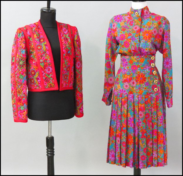 YVES SAINT LAURENT RIVE GAUCHE WOOL ENSEMBLE.: YVES SAINT LAURENT RIVE GAUCHE WOOL ENSEMBLE. Comprising a jacket entire trimmed in braided read wool, blouse, and knife pleat skirt
