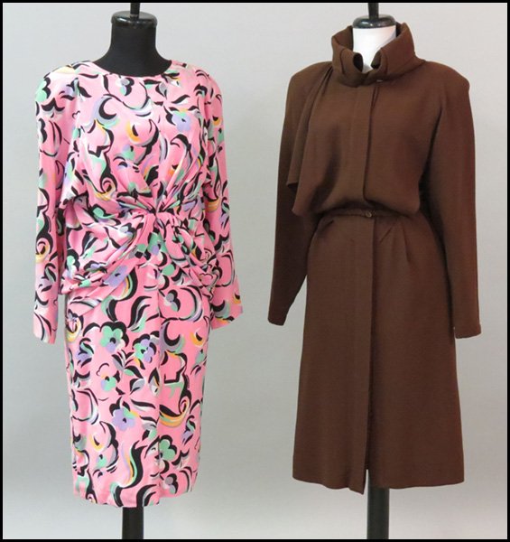 KARL LAGERFELD PINK PRINTED SILK DRESS.: KARL LAGERFELD PINK PRINTED SILK DRESS. Together with a Laura Biagiotti brown wool crepe dress Biagiotti: size 40 Lagerfeld: size 38