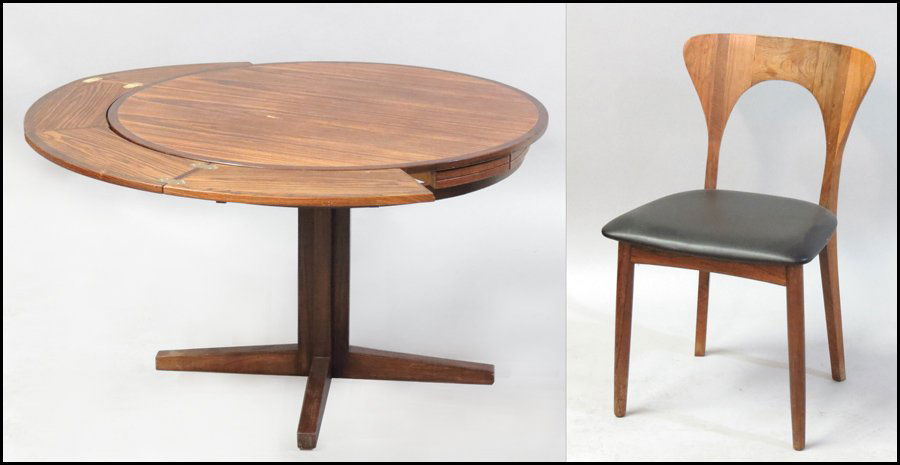 SET OF SIX DANISH KOEFOED TEAK DINING CHAIRS.: SET OF SIX DANISH KOEFOED TEAK DINING CHAIRS. Together with a round table Table: 28" x 43.5" Chair height: 31"