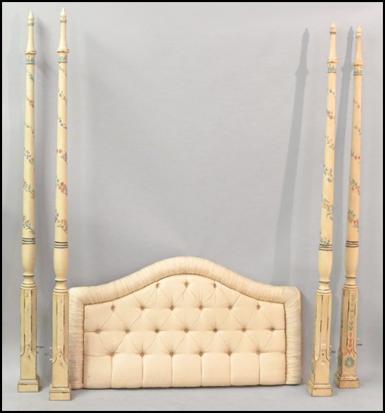 FOUR-POSTER PAINTED WOOD BED.: FOUR-POSTER PAINTED WOOD BED. Comprised of four posts (height: 90"), two side rails (length: 80"), bed slats, and an upholstered headboard