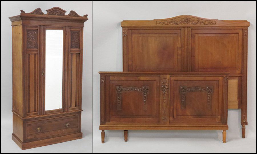 ART DECO ARMOIRE.: ART DECO ARMOIRE. Together with an Art Deco headboard (56" x 57"), footboard (31" x 57"), and two side rails (Length: 75")