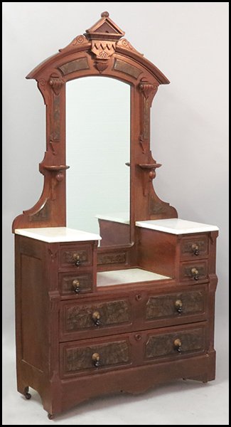 EASTLAKE STYLE MARBLE TOP DRESSING TABLE.: EASTLAKE STYLE MARBLE TOP DRESSING TABLE. Together with an eastlake style mirror (H: 60.5" x W: 43" x D: 5") H: 37.5" x W: 44" x D: 18"
