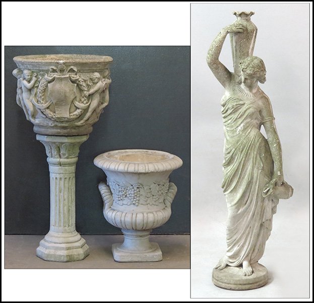 COLLECTION OF DECORATIVE CONCRETE GARDEN ITEMS: COLLECTION OF DECORATIVE CONCRETE GARDEN ITEMS. Comprised of a pillar planter (H: 39" x Diameter: 18.5"), a planter (H: 20" x Diameter: 17"), and a statue (H: 54")