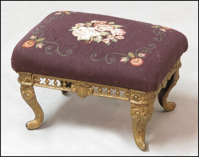 NEEDLEPOINT UPHOLSTERED FOOT STOOL.: NEEDLEPOINT UPHOLSTERED FOOT STOOL. H: 8" W: 15" D: 10"
