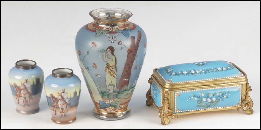 PAIR OF ROYAL BAYREUTH BAVARIAN PORCELAIN CABI: PAIR OF ROYAL BAYREUTH BAVARIAN PORCELAIN CABINET VASES. Together with an enameled box, and a painted satin glass vase Royal Bayreuth height: 3.25"