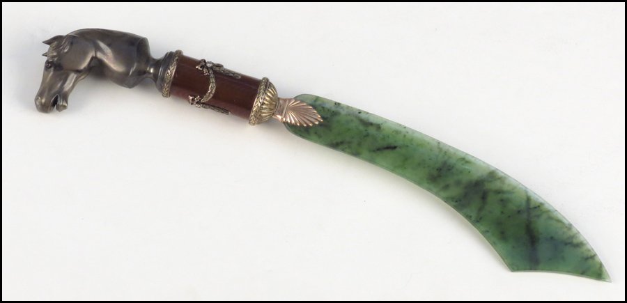 RUSSIAN GILT SILVER, ENAMEL AND JADE LETTER OP: RUSSIAN GILT SILVER, ENAMEL AND JADE LETTER OPENER. Set with small diamonds and amethysts. Handle is stamped Faberge in Cyrllic, HW for Henrik Wigstrom, and 88 silver standard Length: 11.5"