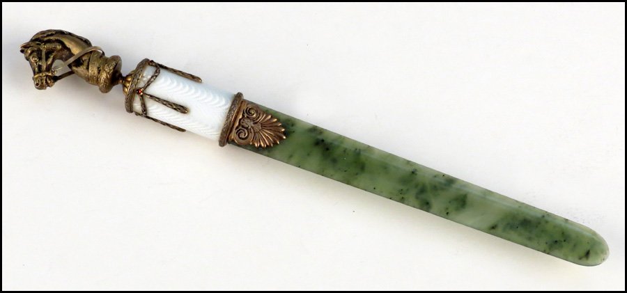 RUSSIAN GILT SILVER, ENAMEL, LAPIS, AN: RUSSIAN GILT SILVER, ENAMEL, LAPIS, AND JADE LETTER OPENER. Underside of handle bears stamped Faberge (in Cyrllic), 88, and HW for Henrik Wigstrom Length: 10"