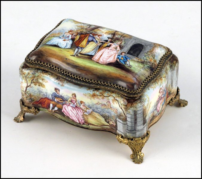 FRENCH ENAMEL BOX.: FRENCH ENAMEL BOX. Bearing enamel decoration on all four sides, and cover. Interior cover bears additional enameled scene. Velvet lined H: 2.75" W: 5.25" D: 4"