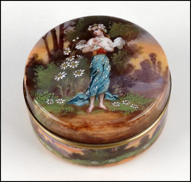 FRENCH ENAMEL BOX.: FRENCH ENAMEL BOX. Depicting a maiden with flowers. Unsigned 1.75" x 3.25"