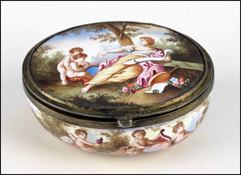 FRENCH ENAMEL BONBONNIERE.: FRENCH ENAMEL BONBONNIERE. Box is enameled with Neoclassic scenes along interior and exterior. Unsigned H: 1.5" W: 3" D: 2.5"