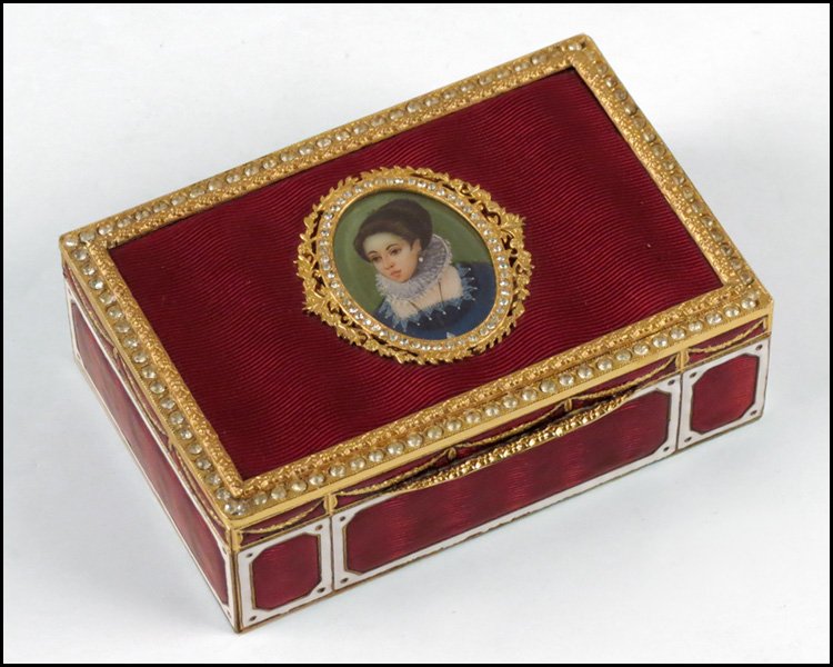 ITALIAN ENAMEL BOX.: ITALIAN ENAMEL BOX. Bearing a central oval portrait of a maiden in court dress, encircled by rhinestones H: 1.4" W: 3.75" D: 2.5"