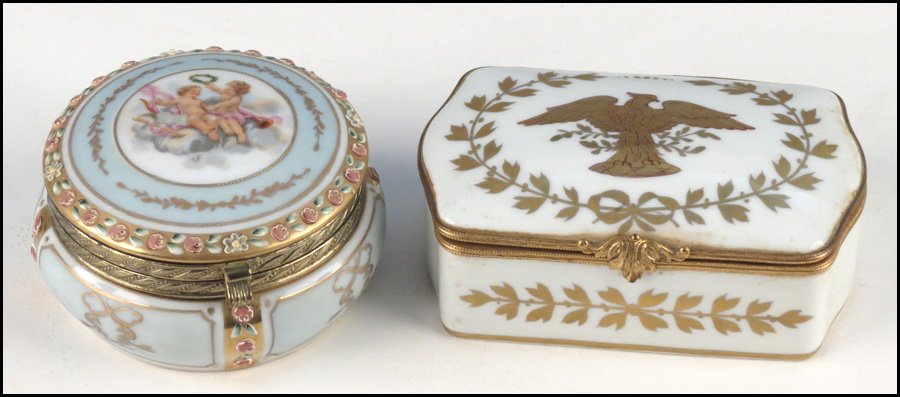 FRENCH LIMOGES GILT PORCELAIN BOX.: FRENCH LIMOGES GILT PORCELAIN BOX. Depicting an eagle within a laurel wreath. Together with a gilt and transfer decorated porcelain box Limoges: 2" x 5" x 3"