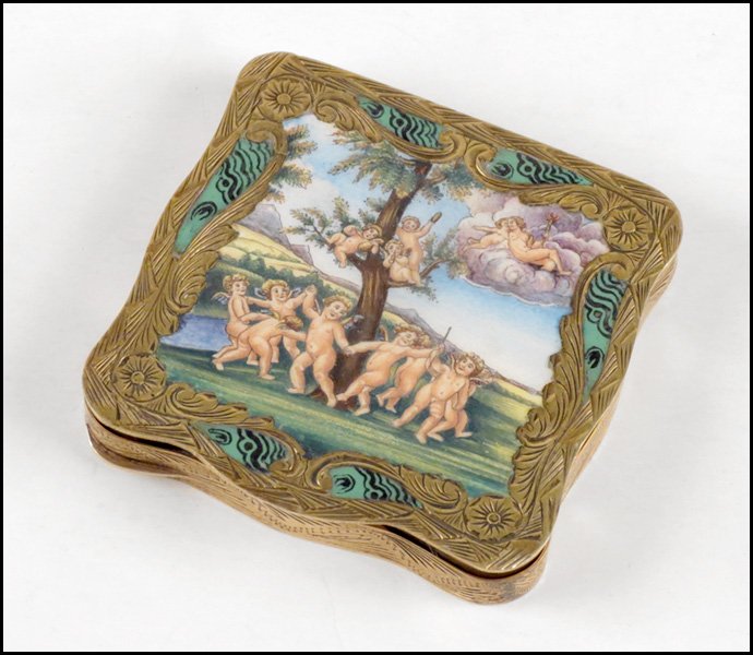 A CONTINENTAL GILT .800 SILVER AND ENAMEL COMP: A CONTINENTAL GILT .800 SILVER AND ENAMEL COMPACT. Bearing a scene of putti around a tree, with faux malachite detailing