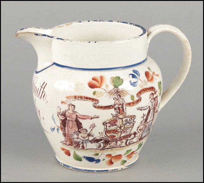 19TH CENTURY ENGLISH PITCHER.: 19TH CENTURY ENGLISH PITCHER. Independent Order of Odd Fellows C.B. Smith, Ringley, 1833 H: 5.5" W: 7" D: 5.5"