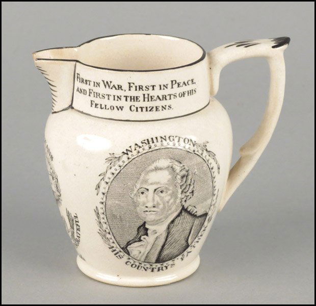 19TH CENTURY ENGLISH TRANSFERWARE PITCHER.: 19TH CENTURY ENGLISH TRANSFERWARE PITCHER. Hall & Son pitcher is commemorating the visit of General Lafayette to the United States in 1824. One side depicts George Washington, while the other depicts