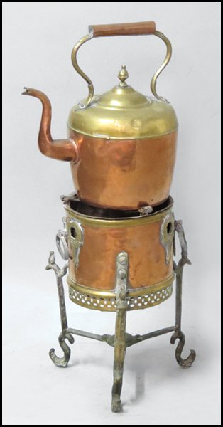 ANTIQUE COPPER KETTLE ON STAND.: ANTIQUE COPPER KETTLE ON STAND. Overall height: 28"