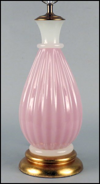 ROSALINE AND ALABASTER OPALINE GLASS TABLE LAM: ROSALINE AND ALABASTER OPALINE GLASS TABLE LAMP. Glass height: 20"