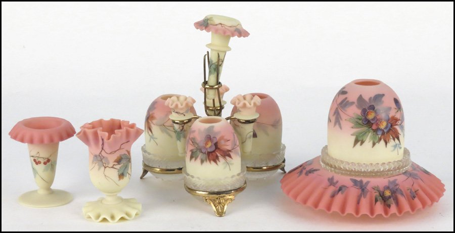 GROUP OF BURMESE GLASS.: GROUP OF BURMESE GLASS. Comprised of two bud vases with floral decoration, a fairy lamp, and an epergne Epergne height: 8"
