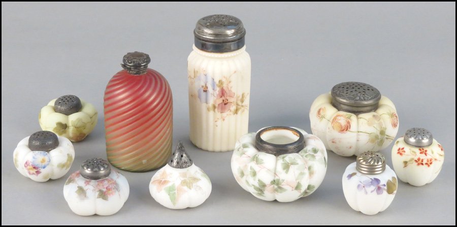 TWO WAVECREST STYLE GLASS DRESSER BOXES.: TWO WAVECREST STYLE GLASS DRESSER BOXES. Together with six Wavecrest style salt shakers, a Wavecrest style sugar caster, and a ruby twisted glass bottle with sterling silver cap Dresser box: 2.5" x 3"