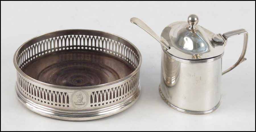 18TH CENTURY ENGLISH FILIGREE SILVER WINE COAS: 18TH CENTURY ENGLISH FILIGREE SILVER WINE COASTER. Bearing hallmarks of Henry Chawner, circa 1789. Together with an English silver mustard pot with cobalt liner, Newcastle 1810, and associated spoon b