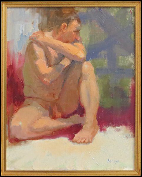 JAYNE BELLOWS (AMERICAN, 20TH CENTURY) MALE NU: JAYNE BELLOWS (AMERICAN, 20TH CENTURY) MALE NUDE. Oil on canvas board, signed LR Board: 14" x 11"