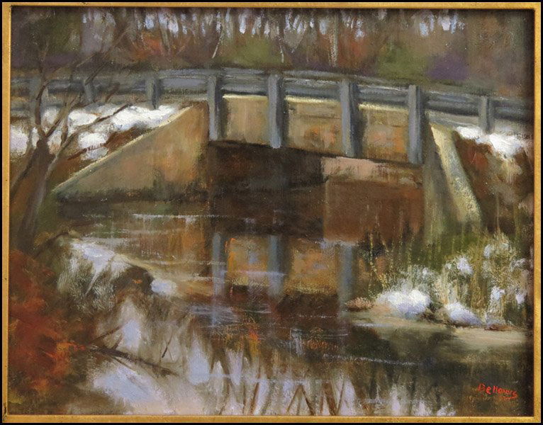 JAYNE BELLOWS (AMERICAN, 20TH CENTURY) THE BRI: JAYNE BELLOWS (AMERICAN, 20TH CENTURY) THE BRIDGE IN WINTER. Oil on canvas board, signed LR Board: 11" x 14"