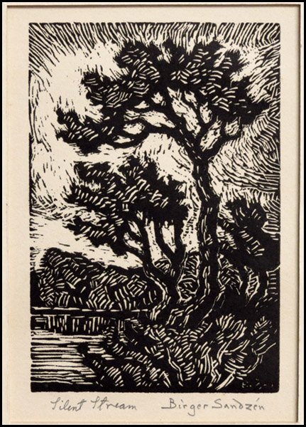 BIRGER SANDZEN (AMERICAN 1871-1954) SILENT STR: BIRGER SANDZEN (AMERICAN 1871-1954) SILENT STREAM. Woodblock print, unframed. Signed LR 8" x 6"