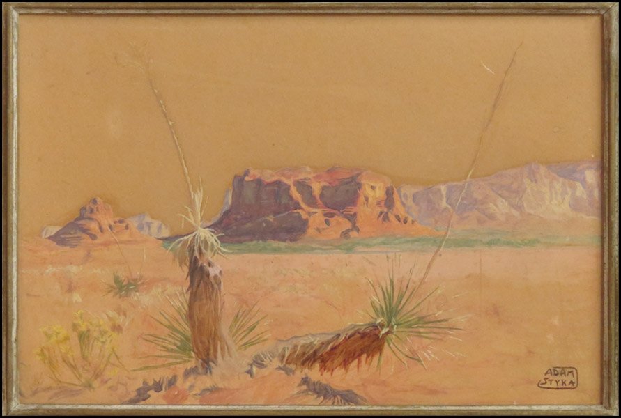 ADAM STYKA (1890-1959) DESERT LANDSCAPE.: ADAM STYKA (1890-1959) DESERT LANDSCAPE. Oil on board, signed lower right 'Adam Styka;' Frame: 12.50" x 17.50" 10.9" x 16"