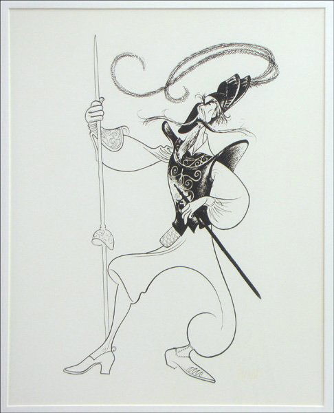 AL HIRSCHFELD (AMERICAN 1903-2003) DON QUIXOTE: AL HIRSCHFELD (AMERICAN 1903-2003) DON QUIXOTE. Print on poster board, signed in yellow lower right; Verso: Gallery sticker reading in part 'Margo Feiden Galleries;' Frame: 31" x 26.50" 19.75" x 15.50