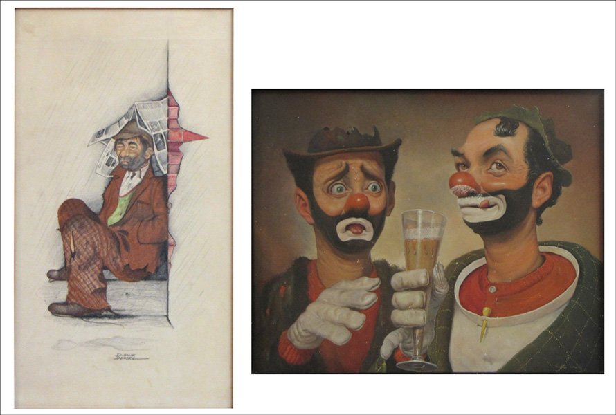 LESLIE EMERY (20TH CENTURY) THE GREATER THIRST: LESLIE EMERY (20TH CENTURY) THE GREATER THIRST. Oil on masonite, signed lower right and titled on the reverse (16" x 10"). Together with a work by Dianne Dengel: Vagrant Man, mixed media on paper, sig