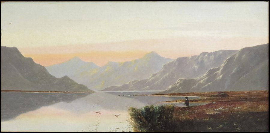 CHARLES LESLIE (1835-1890) MOUNTAIN AND RIVER: CHARLES LESLIE (1835-1890) MOUNTAIN AND RIVER LANDSCAPE WITH FISHERMAN. Oil on canvas, signed 12"x24"