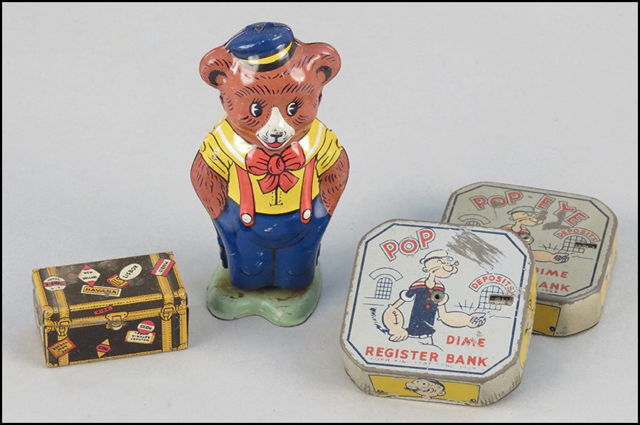 CHEIN TIN WIND UP BEAR.: CHEIN TIN WIND UP BEAR. Together with two Popeye dime banks, and a Marx tin chest Bear height: 4.5"