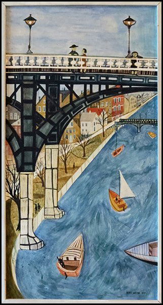 ELLEN LANYON (AMERICAN, B. 1926) ALONG THE RIV: ELLEN LANYON (AMERICAN, B. 1926) ALONG THE RIVER. Oil on board, signed and dated 54 13.5"x26.5"