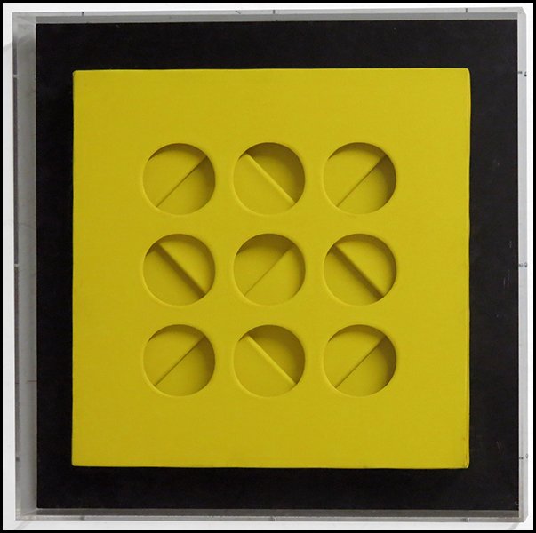 PAOLO SCHEGGI (1940-1971) INTERSUPERFICIE CURV: PAOLO SCHEGGI (1940-1971) INTERSUPERFICIE CURVA - DAL GIALLO. 1967, Bischofberger editions, acrylic on multiple canvases, mounted in a plexiglass box 19.50"x19.50"