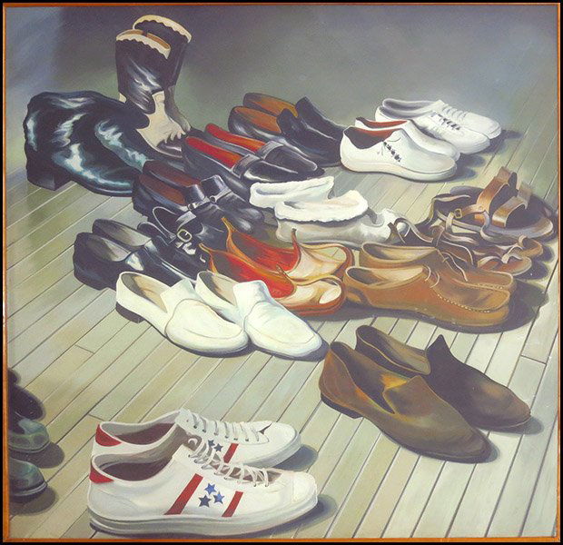 LOWELL NESBITT (AMERICAN, 1933-1993) COLLECTIO: LOWELL NESBITT (AMERICAN, 1933-1993) COLLECTION OF SHOES II. Oil on canvas. Signed, titled, and dated '73 en verso. Additionally bearing an Andrew Crispo Gallery Inc label en verso 90" x 90"